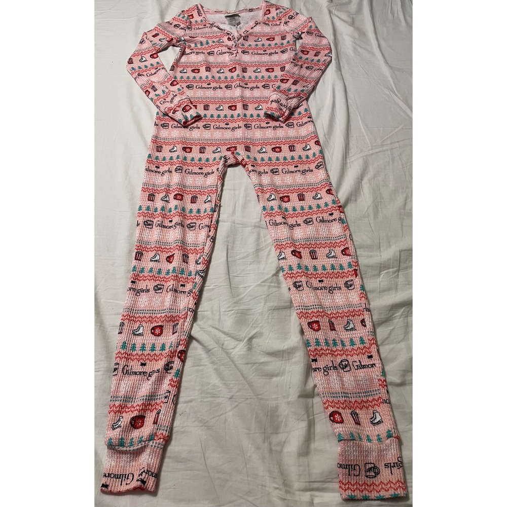 Gilmore Girls Pajama Union Suit Womens Small Pink Waffle Knit Fair Isle Jumpsuit